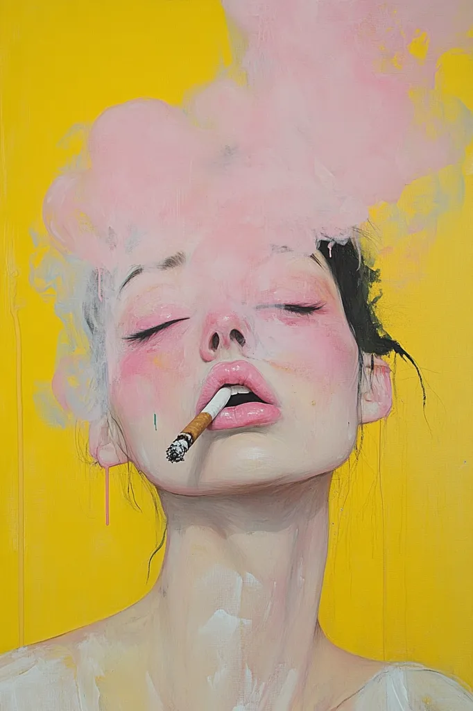 A woman's face, painted in a realistic style, is half obscured by a pink cloud. The woman is smoking a cigarette, her eyes closed, and her lips slightly parted. The background is a bright yellow, contrasting with the woman's pale skin and the soft pink of the cloud. The painting has a dreamy, ethereal quality.  The artist's brushstrokes are visible, adding texture and depth to the image.