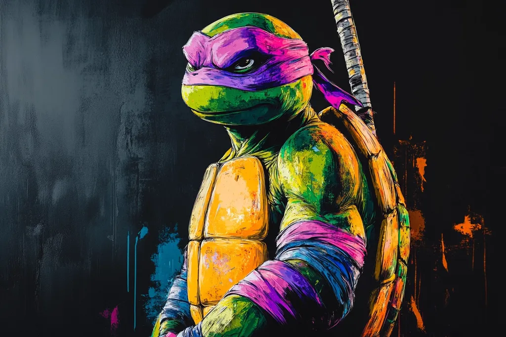 The image is a colorful, artistic depiction of Donatello, one of the Teenage Mutant Ninja Turtles. He is positioned in a three-quarter view with his iconic purple mask and bandana, his green skin and orange shell rendered in a bold, painterly style. The background is a dark gray with hints of color, creating a dramatic contrast to the vibrant turtle. The image has an almost graffiti-like quality, with bold strokes and color splashes. Donatello's serious expression and muscular form convey his strength and determination.