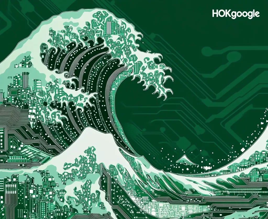 The image depicts a stylized wave, reminiscent of Hokusai's "Great Wave off Kanagawa," rendered as a circuit board. The wave's crest is a stark white, while the background is a dark green, creating a striking contrast. The circuit board design adds a modern twist to the traditional Japanese artwork, suggesting the connection between technology and art. The watermark "HOKgoogle" emphasizes the fusion of Japanese artistry with Google's technological expertise.