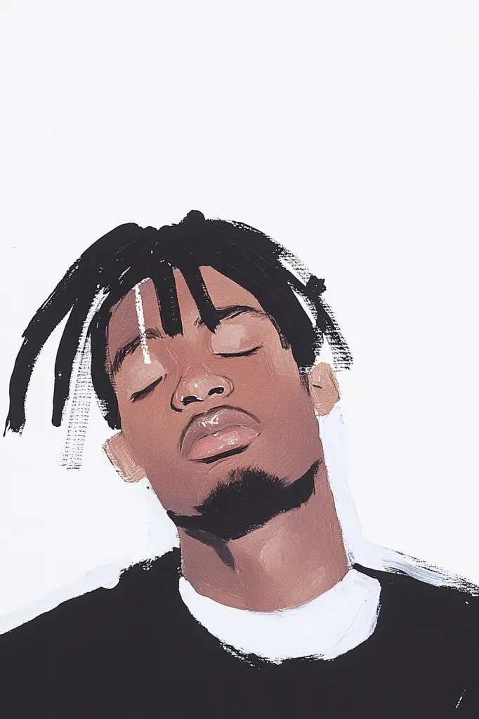 The image is a painting of a young man with dark skin and black dreadlocks. His eyes are closed and his mouth is slightly open. He is wearing a black shirt and a white undershirt. The background is white, and the painting has a minimalist style. The painting's subject has a relaxed expression, creating a sense of peacefulness.