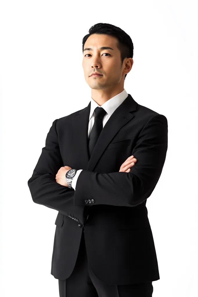 A man in a black suit and white shirt with a black tie stands with his arms crossed and a serious expression on his face. He is wearing a watch on his left wrist. The background is white. The man appears to be in a professional setting.