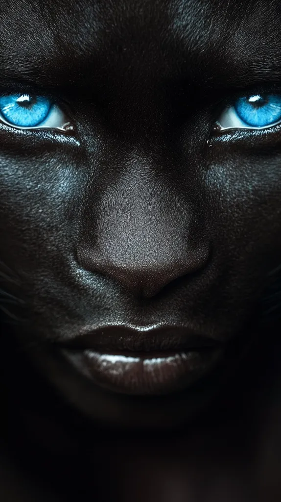A close-up shot of a person's face. The person has dark skin and piercing blue eyes. The image focuses on the eyes, nose and mouth, creating a sense of mystery and intrigue.  The darkness around the face adds to the dramatic effect.