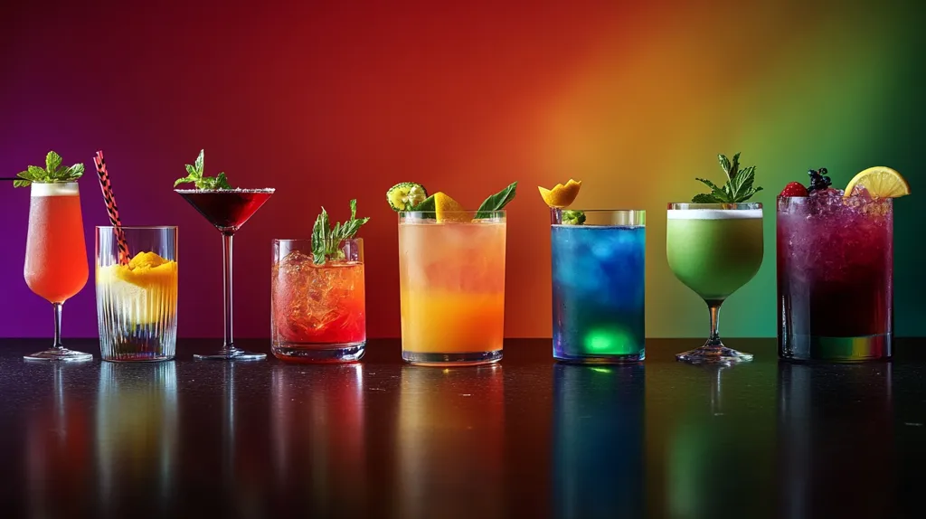 A vibrant array of seven cocktails stand in a row, each with its own unique colour and garnish.  The cocktails range from red and orange to blue and green, with various fruits and herbs adorning the rims. The drinks are displayed on a dark surface, creating a striking contrast with the bright colours of the cocktails. The background is a blurred gradient of colours, adding to the overall sense of vibrancy and festivity.