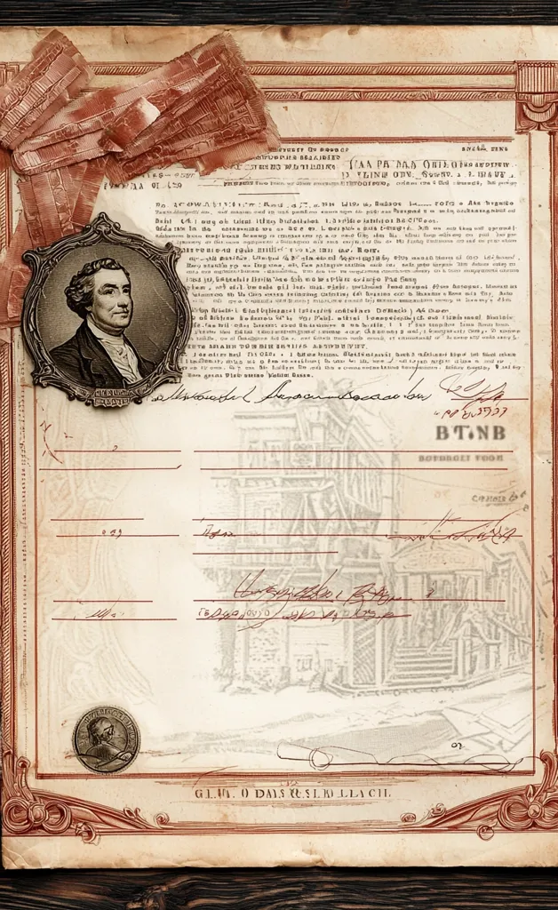 The image is of an old, worn, and faded document with intricate details. There is a small, framed portrait of a man in the top left corner. The document is written in a formal, archaic script and has numerous lines, signatures, and dates. The bottom of the page features a simple line drawing of a house. The whole document is surrounded by an ornate decorative border, faded and aged with time. The paper has a yellowed, aged appearance, as if it has been stored for many years.
