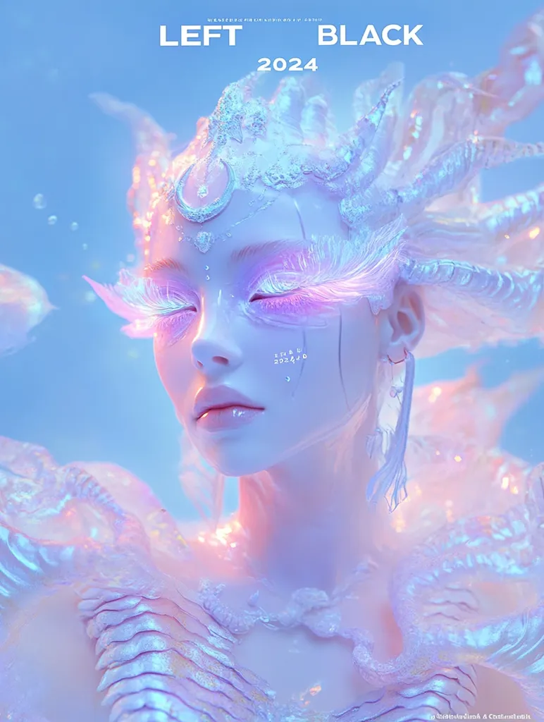 The image features a woman with pale skin and long white hair adorned with iridescent, scaly armor. Her eyes are closed, and she has long white eyelashes that glow with pink light. The background is a soft blue with a hint of pink, and the overall tone is ethereal and dreamlike. The text \