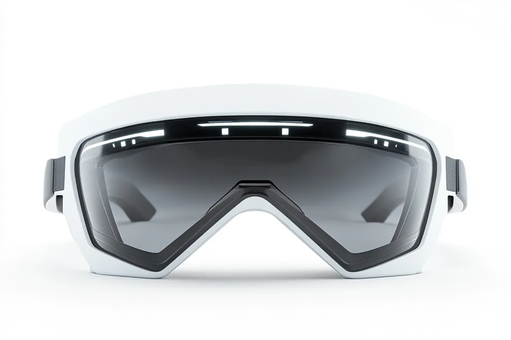 The image shows a pair of white ski goggles with black accents. The goggles have a large, curved lens and a wide frame. The lens is tinted a dark gray, and the frame is made of a smooth, glossy material. The goggles are sitting on a white background.