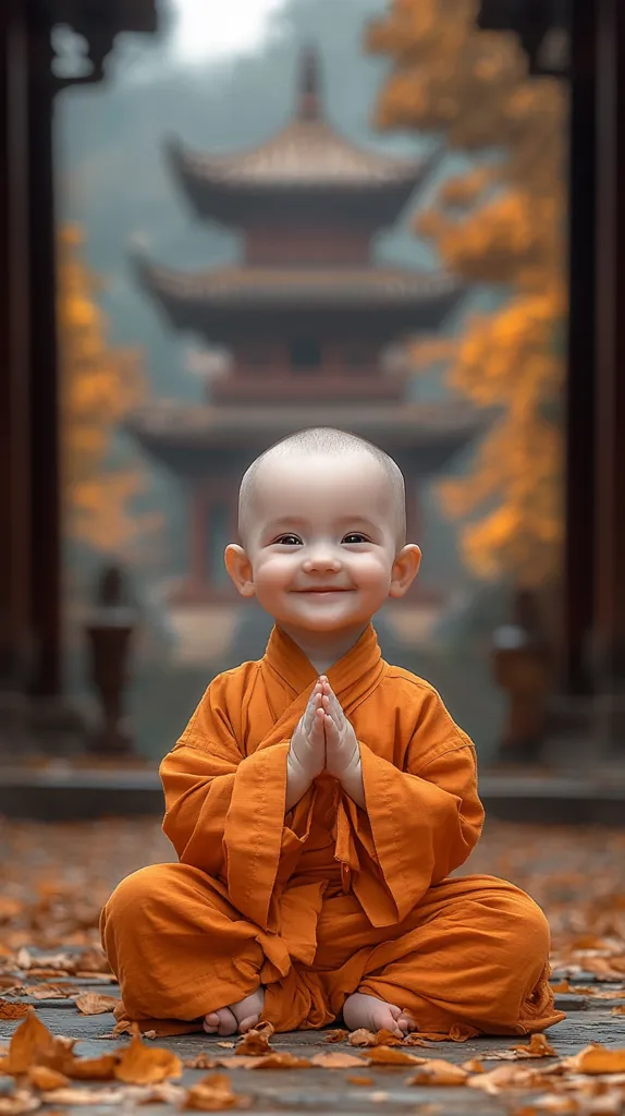 A young boy, dressed in a traditional orange monk's robe, sits in a meditative pose, hands clasped in prayer. He smiles serenely, looking toward the camera. The background features a blurred image of a multi-tiered pagoda and autumn foliage, creating a serene and spiritual atmosphere. The scene suggests a sense of peace and tranquility.