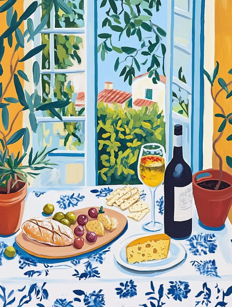 A still life of a table setting featuring a plate of bread, cheese, and grapes, a glass of white wine, a bottle of red wine, and a window view of a house and greenery. The table is covered in a white tablecloth with blue floral print.  A potted plant sits on the table next to the wine bottle. The scene evokes a sense of relaxed dining and enjoyment.