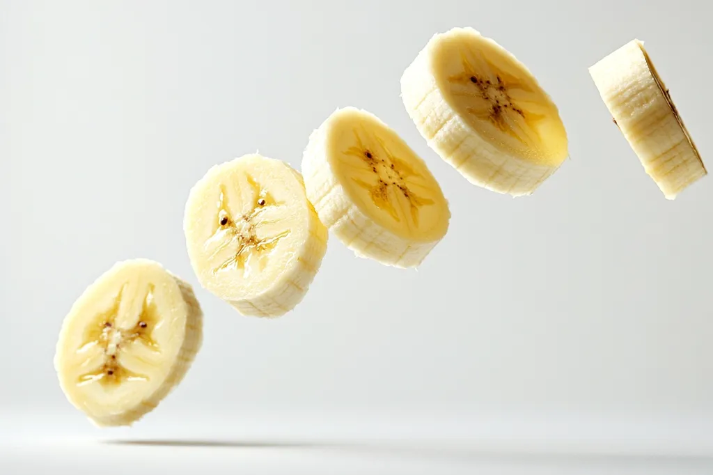 Five banana slices are suspended in mid-air against a white background. They are arranged in a staggered formation, with the largest slice at the top and the smallest slice at the bottom. The banana slices are all yellow and have a slightly curved shape. The lighting is soft and diffused, creating a sense of lightness and airiness.