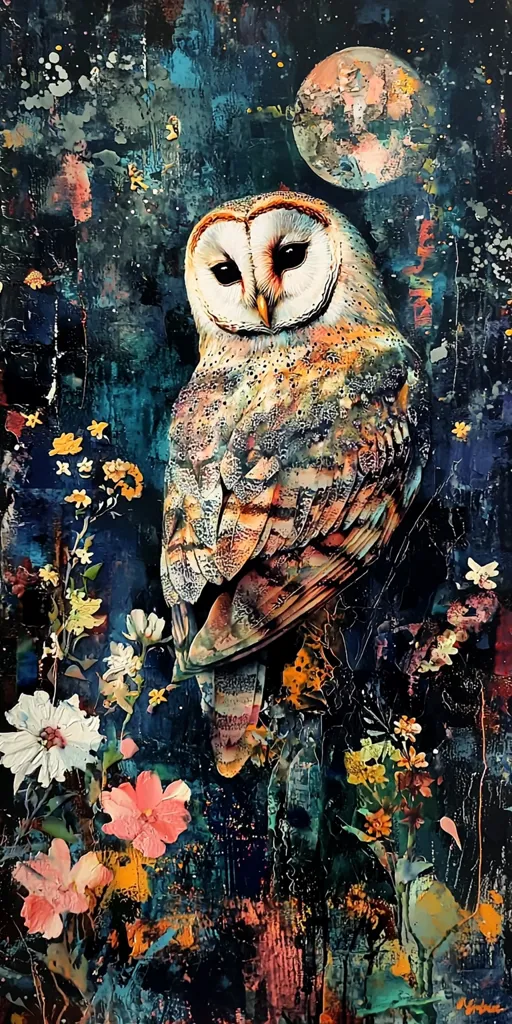 A barn owl with large, bright yellow eyes sits perched on a branch in a dark, abstract forest. The owl's feathers are a mix of browns, oranges, and grays, blending in with the surrounding foliage. The background features a large, abstract moon, flowers in shades of pink and yellow, and a deep blue sky filled with small, white stars. The image has a painterly, almost surreal quality, suggesting a mystical or magical atmosphere.