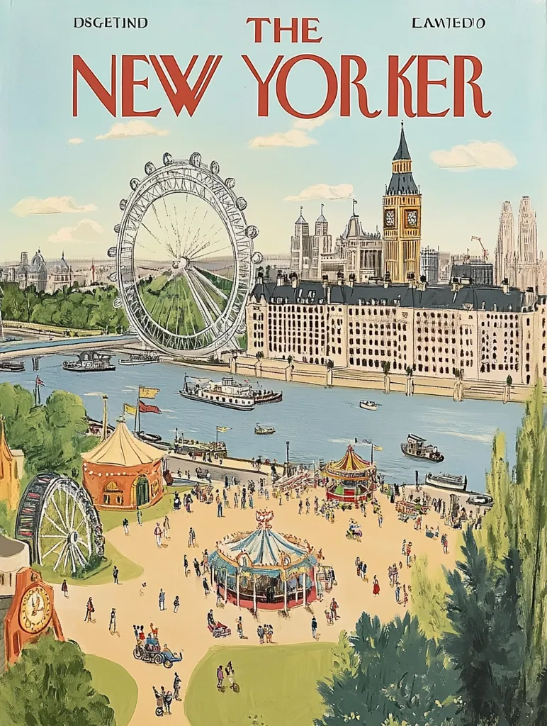 The image depicts a colorful illustration of the London skyline, featuring iconic landmarks like the London Eye and Big Ben. The scene is lively with a bustling park filled with people enjoying a carnival atmosphere. The vibrant colors and intricate details create a charming and whimsical depiction of London.