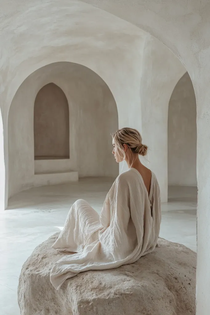 A woman in a white dress sits on a large, rough-hewn rock. She faces away from the camera, looking toward a series of archways leading into a white, minimalist space. Her hair is pulled back in a loose bun. The light is soft and diffused, casting a gentle glow on the scene.  The overall atmosphere is serene and contemplative.