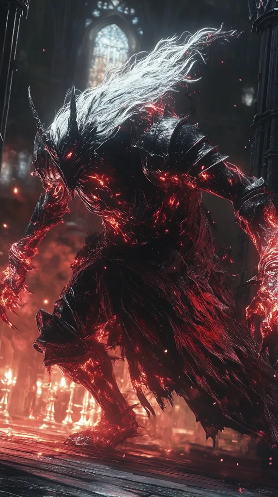 A demonic figure with long white hair and glowing red skin stands in a dark, gothic setting. The creature's body is covered in black armor and glowing red energy. The figure is illuminated by the red light emanating from its body and the surrounding environment.  The image has a dark and ominous atmosphere, suggesting the creature is a powerful and dangerous being.  The setting appears to be an ancient church or cathedral, adding to the sense of foreboding and mystery.