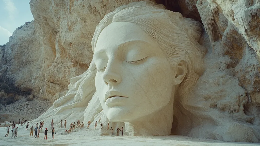 A massive, carved face of a woman emerges from a cliffside. The sculpture is made of white rock and features detailed facial features, including long eyelashes and a delicate nose. The woman's eyes are closed and her mouth is slightly parted, as if in a state of peaceful slumber. A group of people stand at the base of the cliff, observing the colossal sculpture. The image captures a sense of wonder and awe at the sheer size and beauty of the artwork.