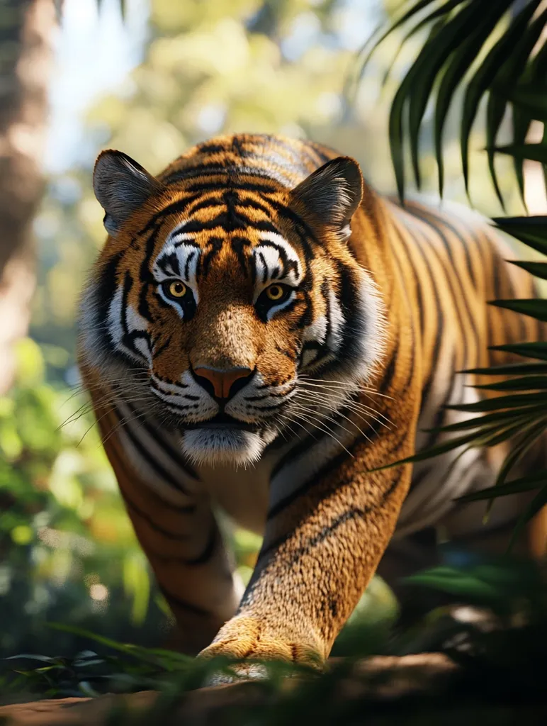 A majestic tiger, its orange and black stripes accentuated by the dappled sunlight, walks through a lush green jungle. Its sharp, amber eyes peer intensely at the viewer, conveying a sense of power and wildness. The tiger's thick fur and powerful muscles are highlighted by the tropical foliage surrounding it, creating a striking contrast between its imposing presence and the serene natural backdrop. The image captures a moment of raw beauty and untamed spirit, leaving the viewer with a sense of awe and admiration for this incredible creature.