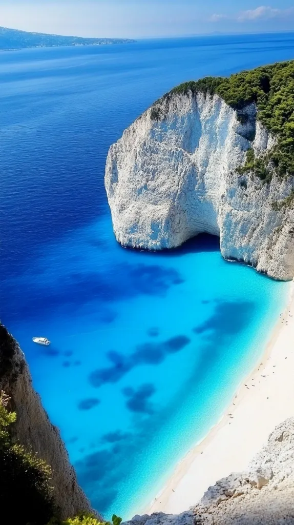 The image captures a breathtaking view of a secluded cove with crystal clear turquoise waters and a pristine white sandy beach.  A small boat sits on the water, adding a sense of serenity to the scene. The cove is sheltered by towering white cliffs, covered in lush green foliage. The image portrays a idyllic, tropical paradise.