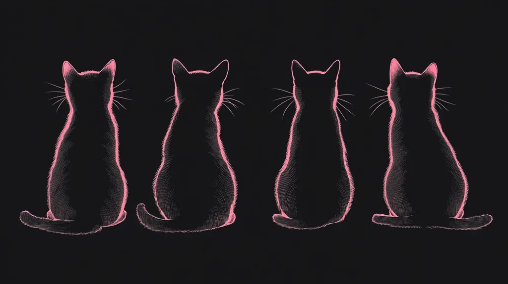 Four cats are outlined in a light pink against a black background. They are all facing away from the viewer, sitting in a row with their tails tucked in. The cats are drawn in a simple, elegant style, with emphasis on their fluffy fur. They are all looking in the same direction.  The image creates a sense of mystery and intrigue, leaving the viewer to wonder what the cats are watching.