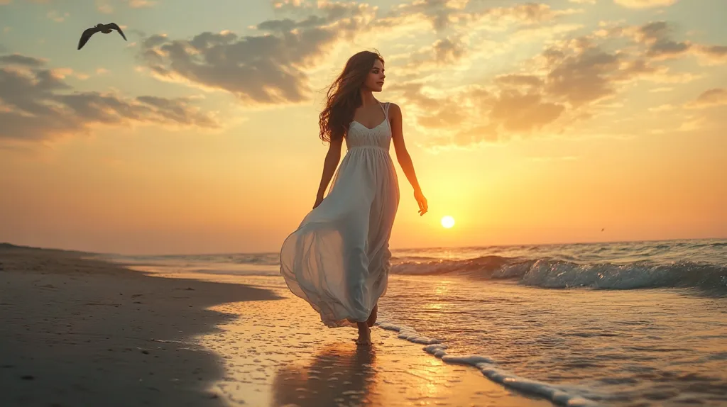 A woman in a white dress walks along a sandy beach, her hair flowing behind her. The sun is setting in the distance, casting a golden glow over the scene. The ocean waves lap gently at the shore, creating a peaceful atmosphere. A lone bird flies overhead, adding a touch of tranquility to the image.