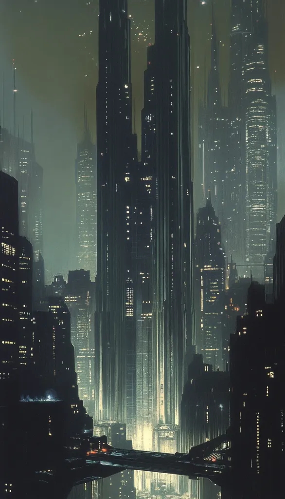 A futuristic cityscape with towering skyscrapers bathed in the soft glow of distant lights. The buildings, all dark and sleek, seem to stretch endlessly into the hazy sky.  A narrow street winds through the heart of the city, reflecting the cityscape in its wet surface. The image evokes a sense of both grandeur and isolation.