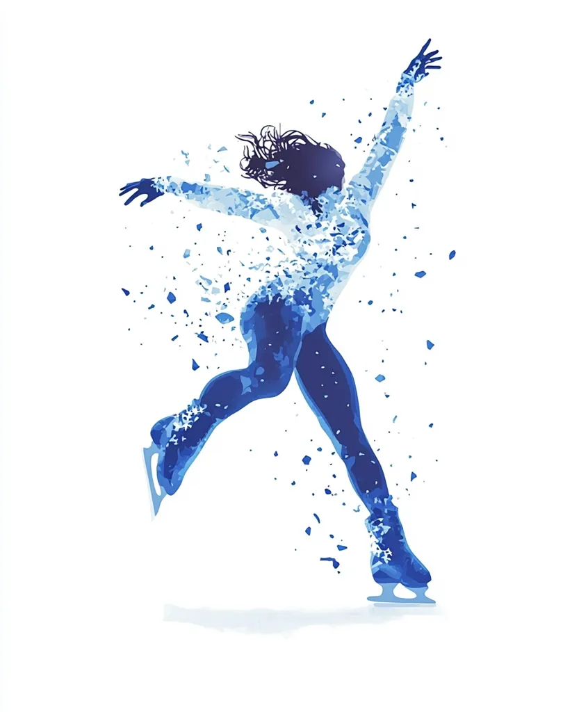 A female figure skater is depicted in a dynamic pose, her body dissolving into blue fragments, representing the energy and movement of her performance. The silhouette is set against a white background, creating a sense of lightness and speed. The blue hues evoke the icy surface and the cool atmosphere of winter sports. The image celebrates the grace and power of figure skating.