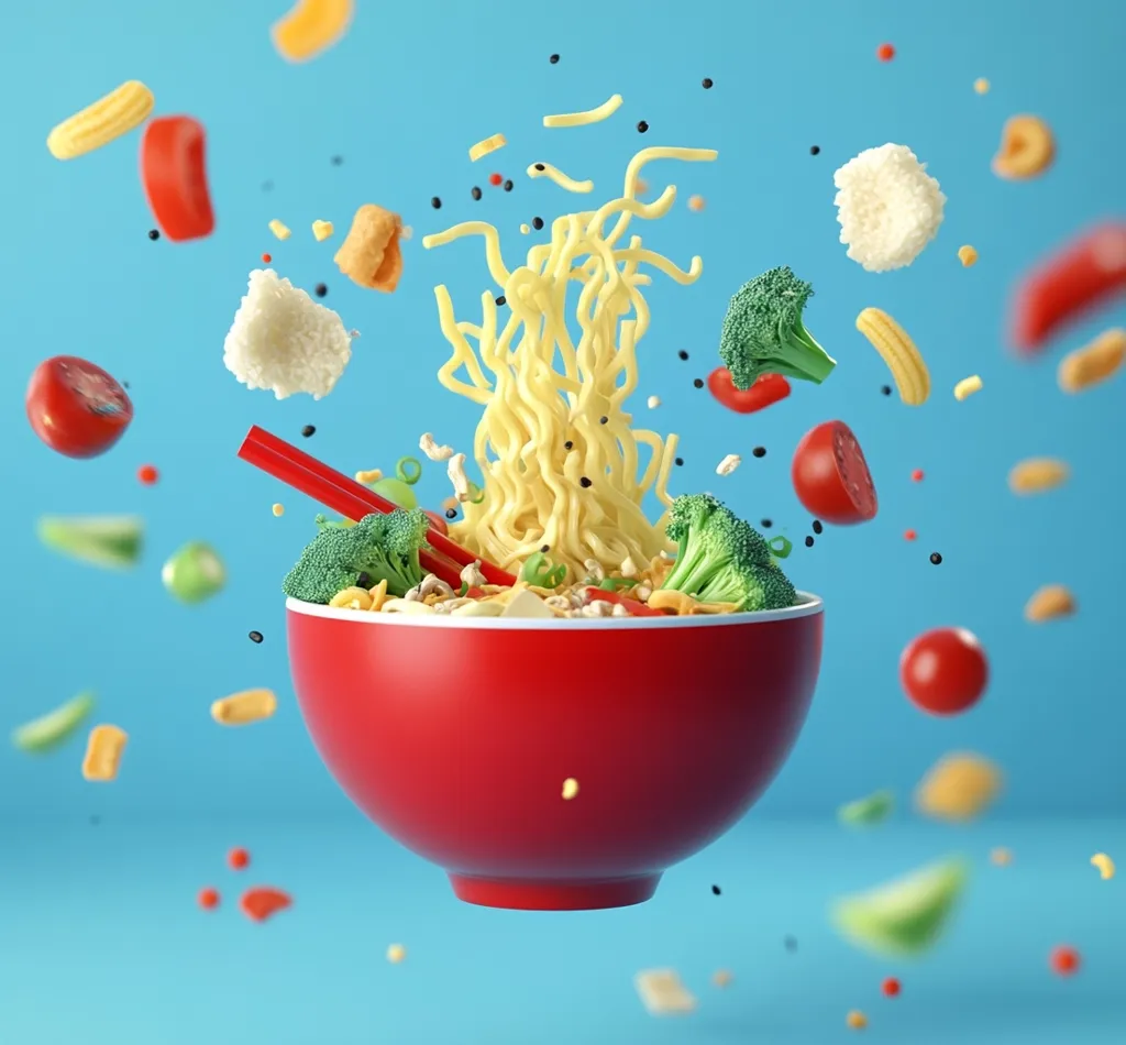 A red bowl of ramen noodles floats against a light blue background. The bowl is filled with ramen noodles, vegetables, and other toppings. Chopsticks are placed beside the bowl. Various other ingredients, such as tomatoes, broccoli, and tofu, are floating around the bowl, creating a dynamic and delicious scene.  The image evokes a sense of playful energy and the excitement of a delicious meal.