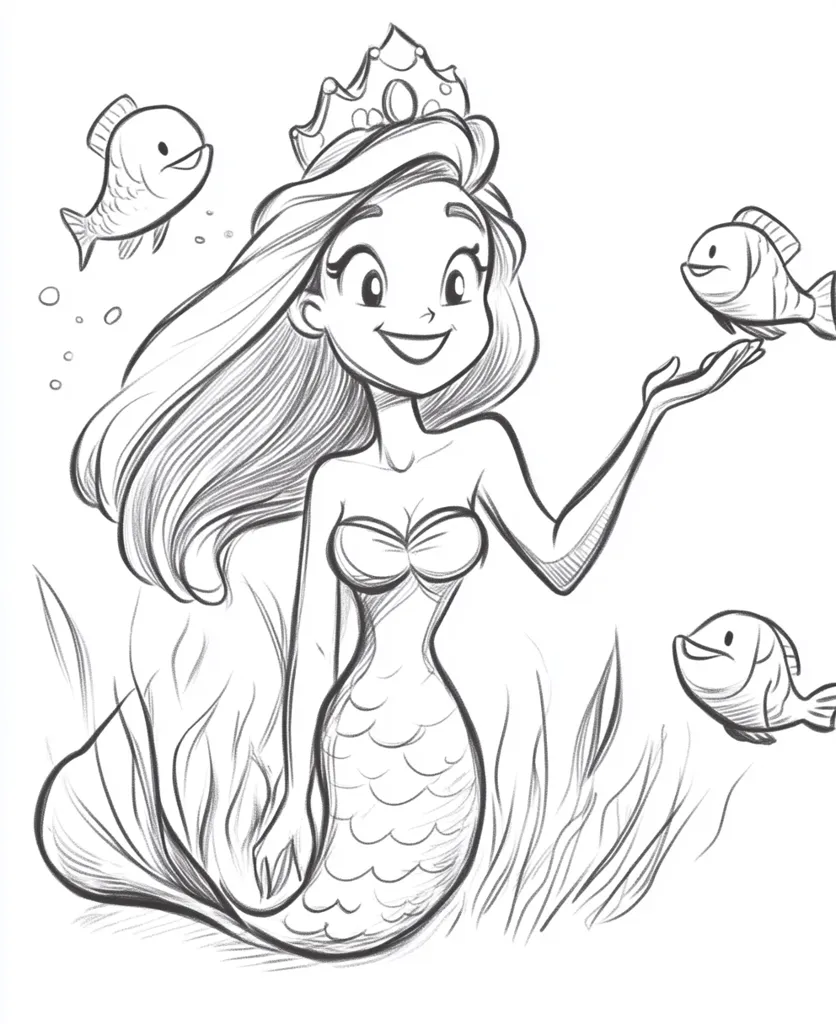 A smiling mermaid with long flowing hair and a crown on her head sits amongst seaweed. She is reaching out to a fish that swims towards her. Two other fish are visible in the background. The drawing is done in black and white, with a sketchy style.