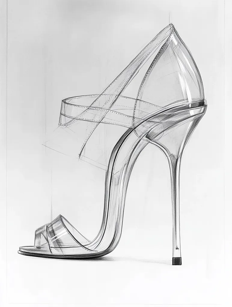 The image shows a detailed pencil drawing of a high-heeled transparent sandal. The sandal has a thin strap across the top of the foot, a stiletto heel, and an open toe. The drawing is rendered in shades of grey, creating a sense of depth and form.  The simple lines and delicate shading emphasize the elegant design of the shoe.