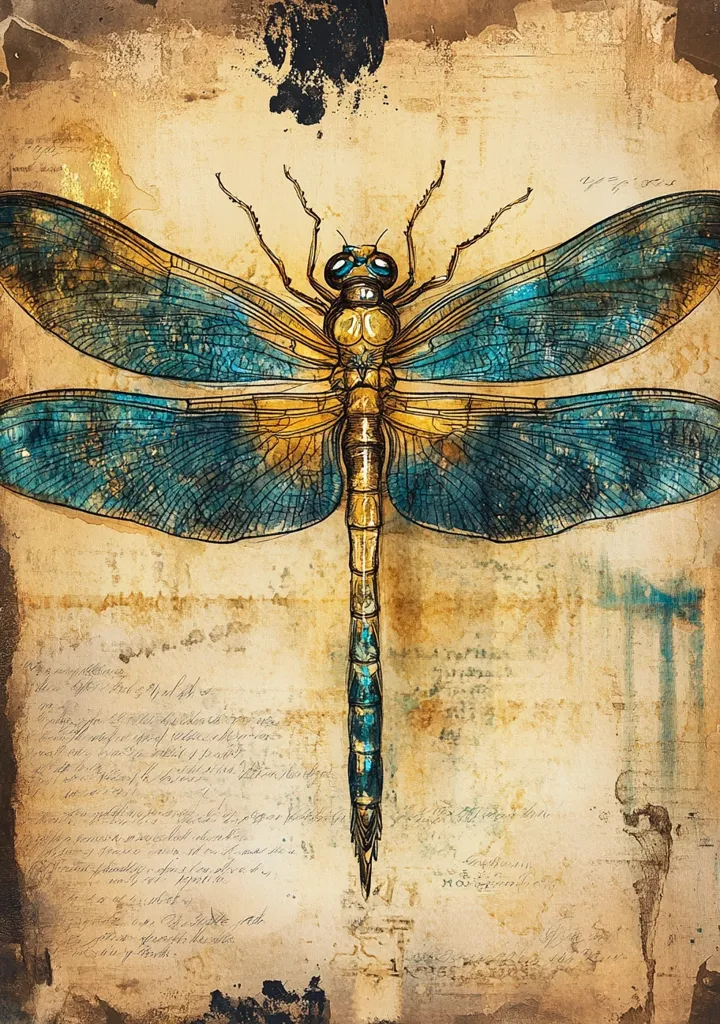 A detailed illustration of a dragonfly with large, intricately patterned wings. The wings are a vibrant blue and green, and the body is a metallic gold. The dragonfly is set against a background of faded, handwritten text and an aged, parchment-like texture. The artwork suggests an antique illustration or a vintage scientific drawing.