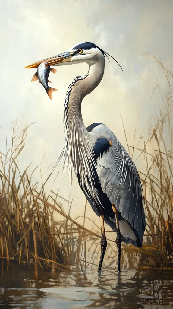 A great blue heron stands in a shallow pond, its long neck bent as it holds a small fish in its beak.  The heron’s gray and white feathers are detailed, and its long legs are thin and elegant.  The background is a blur of muted greens and browns, suggesting a marsh or wetland. The heron's focused gaze and captured prey create a sense of anticipation and stillness.