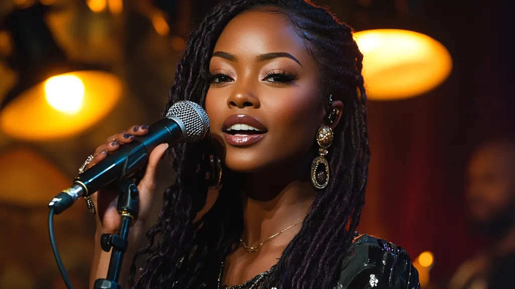 A young woman with dark skin and long dreadlocks sings into a microphone. She is wearing a sequined top and large, gold earrings. The background is blurry and out of focus, with warm lighting that creates a dramatic atmosphere. She appears passionate and engaged in her performance.
