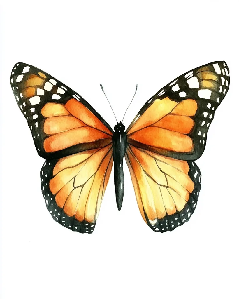 The image is a watercolor painting of a monarch butterfly with its wings spread open. The butterfly is predominantly orange with black veins and black borders around the edges of the wings. The butterfly is in sharp focus against a white background. The painting captures the beauty and fragility of the insect.