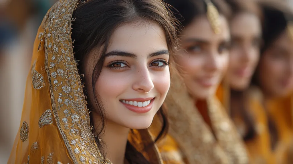The image shows a young woman in a golden veil, with two other women behind her blurred in the background. The woman is smiling broadly, revealing her white teeth. Her eyes are brown and her skin is clear. The veil is adorned with intricate embroidery, adding to the festive atmosphere. The warm colors and happy expressions suggest a joyous occasion.