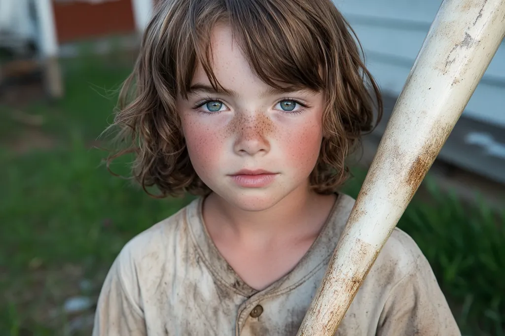 A young boy with curly brown hair and freckled cheeks stands outside, holding a wooden baseball bat in front of him. He wears a dirty, light-colored baseball jersey. His blue eyes stare intensely at the viewer, conveying a mix of determination and vulnerability. The image captures a moment of quiet strength and innocence in a seemingly challenging setting.