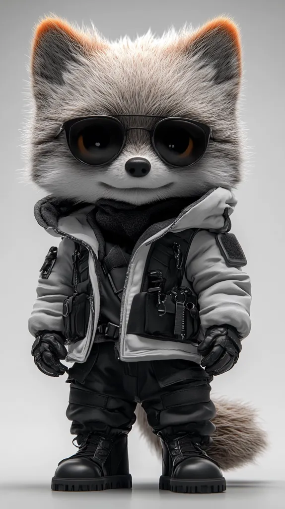 A fluffy, gray fox with a long tail is wearing a black and white winter jacket with a black scarf, dark sunglasses, black pants, and black boots. The fox looks tough and stylish. The image has a gray background.