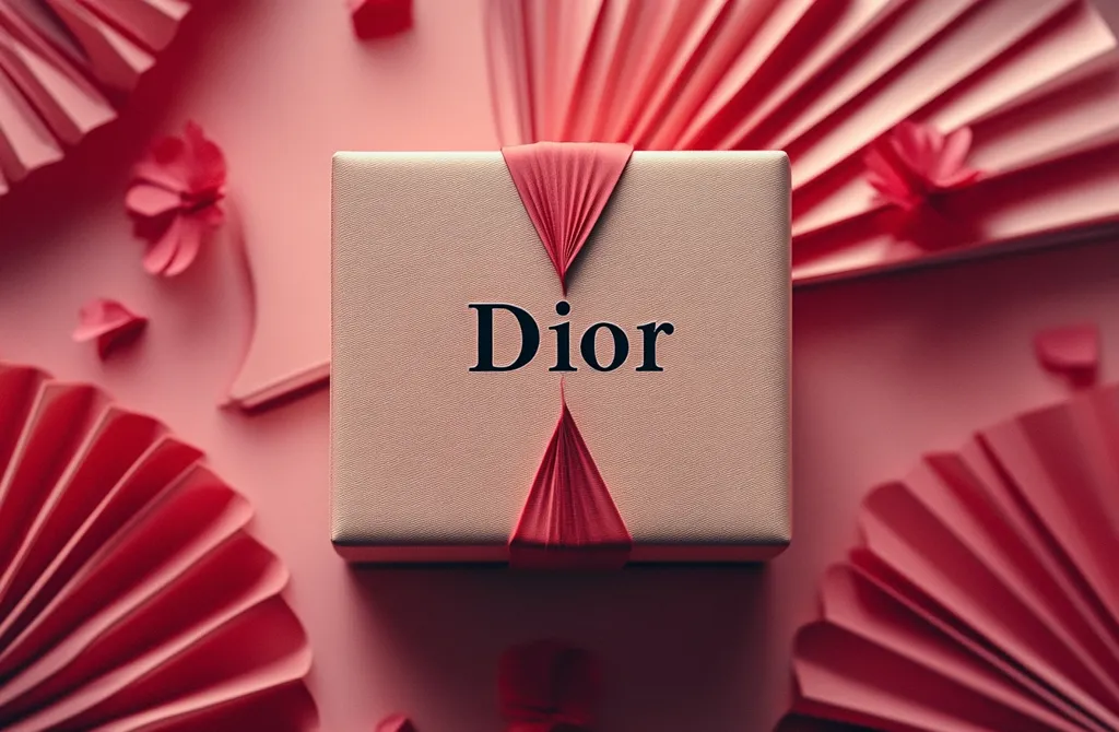 The image shows a pink gift box with a red ribbon and the word "Dior" printed on it. The box is surrounded by folded pink paper fans. The background is a soft pink color. The image has a minimalist aesthetic and a luxurious feel.