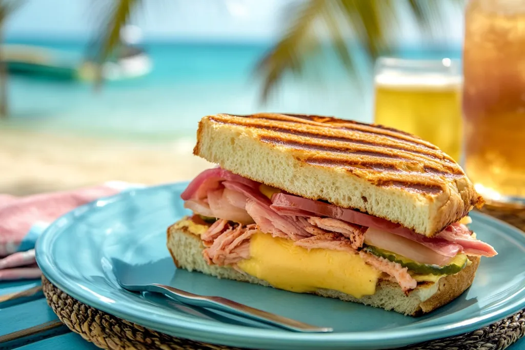 A grilled Cuban sandwich, filled with ham, cheese, pickles and onions, rests on a blue plate with a fork. The sandwich is in focus, with the background blurred, showing a beach scene with turquoise water and palm trees. There is also a glass of beer and a glass of iced tea in the background.  The scene suggests a relaxed, tropical setting, perfect for enjoying a delicious sandwich.