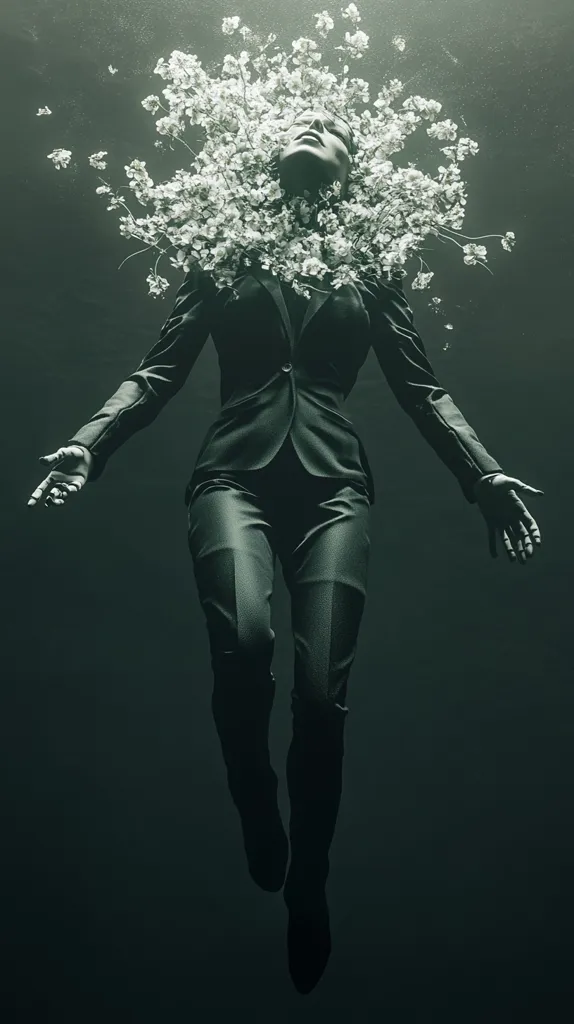 A woman in a black suit is suspended in mid-air, her body tilted slightly backward. Her head is adorned with a crown of white flowers, creating a surreal and striking image. The background is a dark, shadowy green, highlighting the stark contrast between the woman and her surroundings. The overall mood is one of mystery and intrigue, with an undercurrent of melancholy.