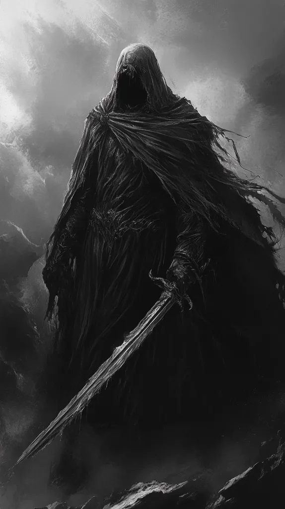 The image depicts a shadowy figure cloaked in darkness, holding a large sword. The figure's face is hidden by a hood, creating an air of mystery and menace. The background is a swirling gray mist, adding to the eerie atmosphere. The overall impression is of a powerful and ominous presence.
