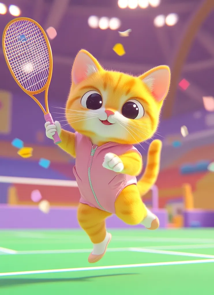 A cartoon cat wearing a pink tracksuit is playing tennis. It is holding a yellow tennis racquet with its right paw and is mid-step, jumping in the air. The background is a tennis court with a green surface and bright purple and orange spectator seating. The cat has large, dark eyes and a joyful expression. It appears to be having fun playing tennis.