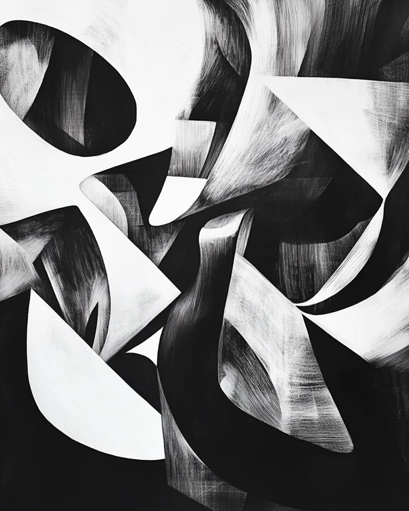 The image is an abstract black and white artwork. It features a series of interlocking shapes and curves, created with bold brushstrokes. The shapes are predominantly black, with white highlights that create a sense of depth and movement. The composition is dynamic and energetic, with a sense of interplay between light and shadow. The artwork is a powerful visual statement that evokes a sense of mystery and intrigue.