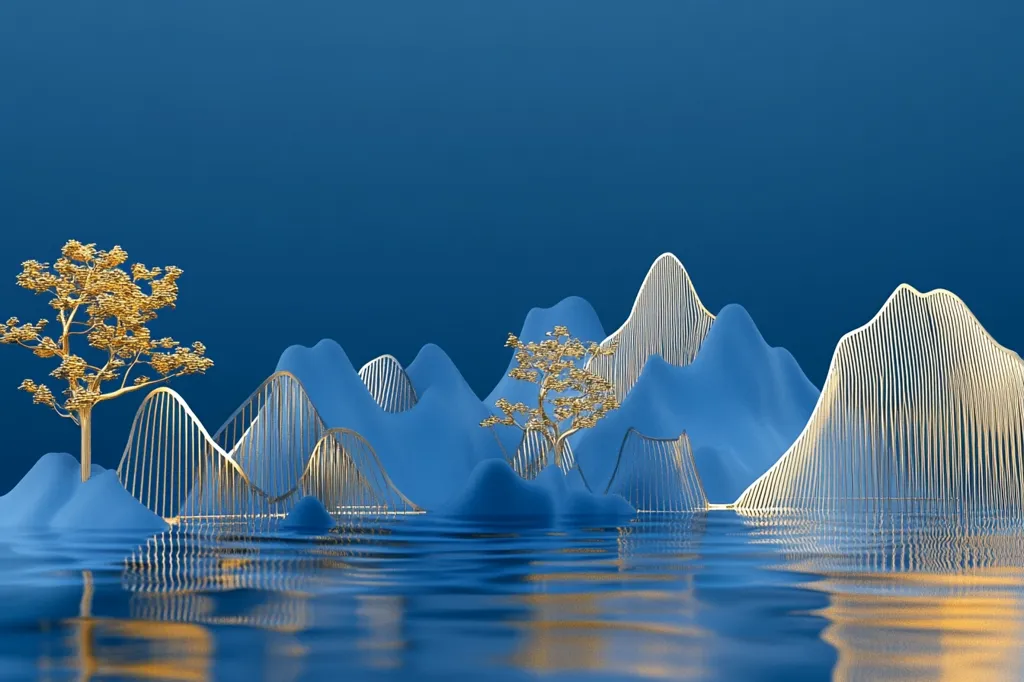 A stylized depiction of a mountain range with two golden trees in front of them. The mountains are made of blue and white materials, with thin gold lines running through them. The background is a solid blue, and the ground is a blue reflective surface. The image has a minimalist aesthetic.
