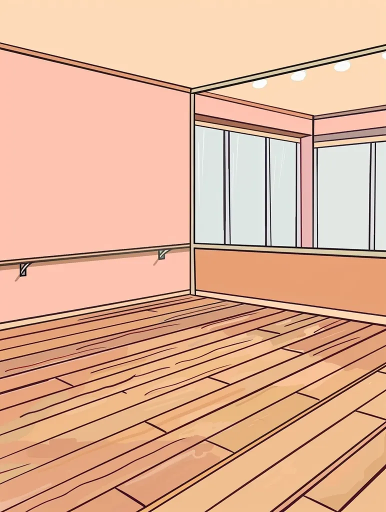 The image is a cartoon drawing of a room with a light pink wall and wood floor. The floor is a pale brown color and has dark brown lines running through it, giving it a wood plank effect. There are windows on the far side of the room, but no other furniture is visible. There are ceiling lights above the windows.  A white railing is attached to the wall, just above the floor.