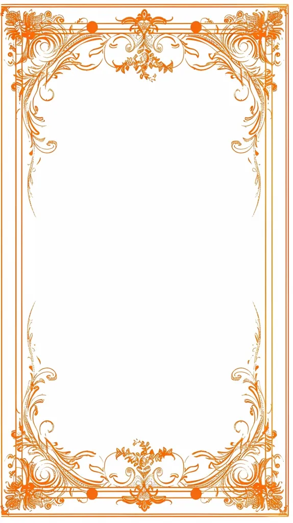 The image is a decorative frame with a white background. It features an intricate, ornate design in orange, with swirls, leaves, and floral patterns.  The frame is symmetrical, with identical designs on each side.  The overall effect is elegant and classic.