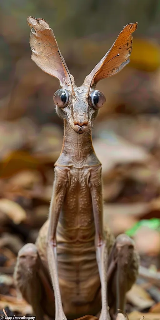 The image shows a close-up of a bizarre-looking insect with large, round eyes and long, thin limbs. Its body is light brown and covered in a fine, velvety fuzz. Its head is elongated with a small, pointed snout. Its large, membranous wings are folded back against its body, resembling ears. The insect appears to be perched on a bed of dry leaves. Its expression is innocent and curious.