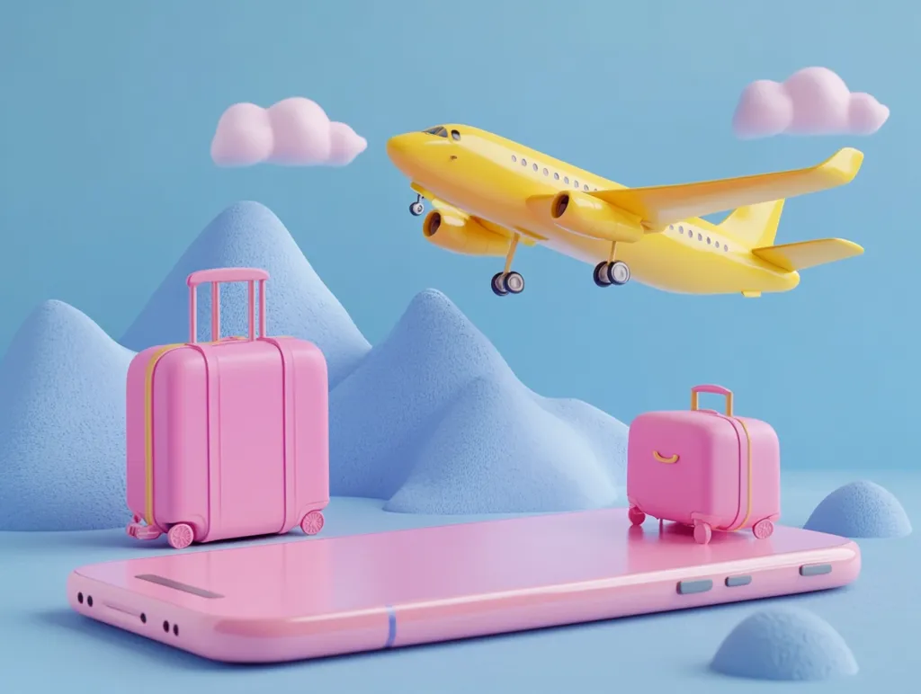 A yellow airplane flies above a blue and pink landscape with two pink suitcases and a pink smartphone. The suitcases are positioned on either side of the phone, while the airplane is flying above the scene. The overall tone is cheerful and playful, suggesting a lighthearted and fun vacation.
