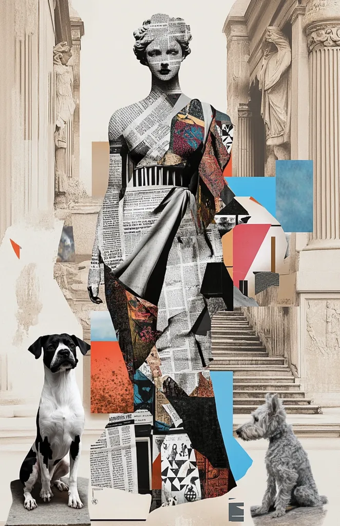 A collage artwork depicting a classical statue of a woman, made of newspaper clippings, standing in an ancient Roman setting. The statue is partially obscured by a staircase and a fragment of a blue sky. Two dogs, one black and white and one grey, are positioned in the foreground, adding a touch of realism to the otherwise abstract composition.  The artwork blends elements of classical art and modern design, creating a unique and intriguing visual experience.