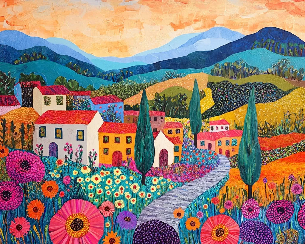 A whimsical, colorful landscape painting features a winding stone path leading up a hillside towards a cluster of small, vibrantly colored houses.  The houses are nestled amongst lush greenery and bright flowers, with a backdrop of rolling hills and a blue sky. The style is reminiscent of a child's illustration, with bold colors and simplified shapes.  Tall, cypress trees stand sentinel at the edge of the path.