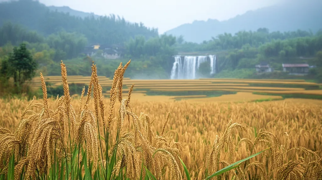 A field of golden wheat stands tall in the foreground, with a lush green forest and a misty waterfall in the background. The image captures a tranquil and serene scene, with soft lighting and a sense of tranquility. The wheat stalks sway gently in the breeze, creating a feeling of peace and serenity.
