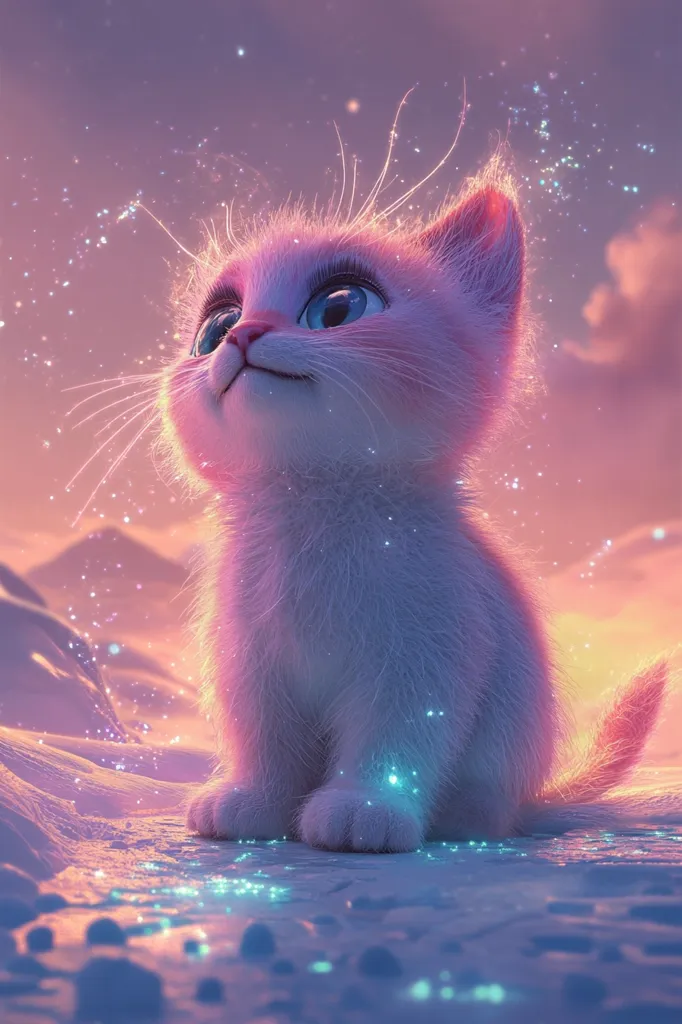 A fluffy white kitten sits on a snowy ground, gazing upwards with big blue eyes. The background features a vibrant pink and purple sky with twinkling lights. The kitten's fur is illuminated by the magical glow, creating a whimsical and enchanting atmosphere.