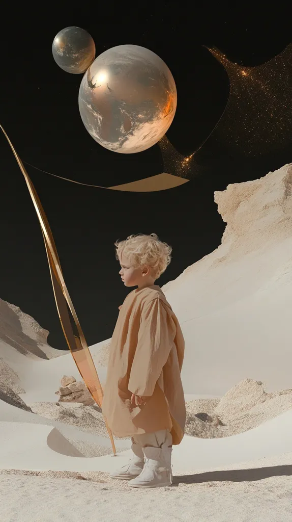 A young child with blonde curly hair, dressed in a beige coat, stands on a white sandy surface, gazing out at a golden crescent moon in the dark sky above. The image evokes a sense of wonder and exploration, possibly suggesting a fantastical world or a journey into the unknown.  A golden archway frames the scene, adding to the otherworldly feel.